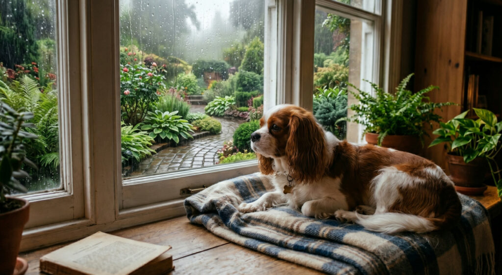 雨の窓辺でくつろぐ犬