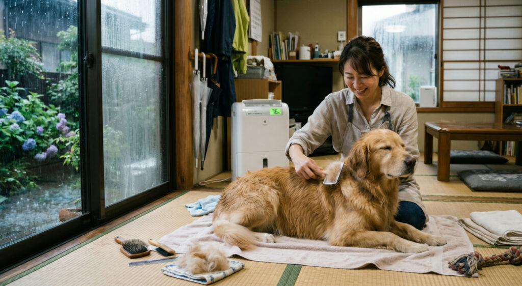 ブラッシングでお手入れされる犬