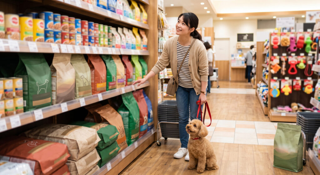 ペットショップでドッグフードを選ぶ愛犬と飼い主の様子