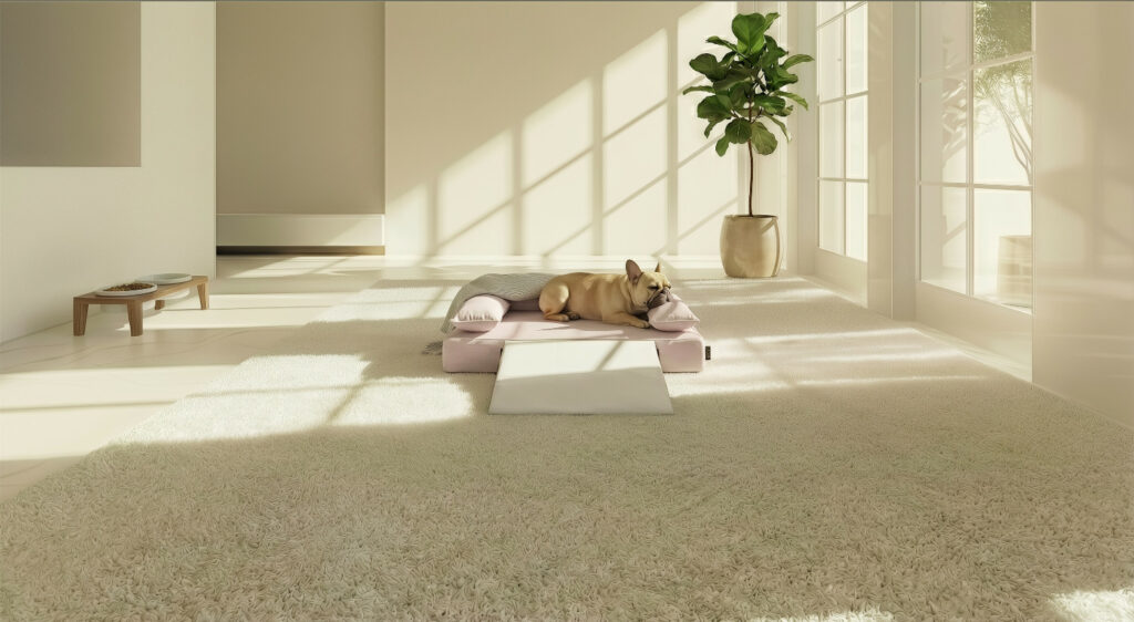 高機能な犬ベッドであるロイヤルベッド、犬用スロープ、防水カバーIIIが揃ったリビングで穏やかに休むフレンチブルドッグ