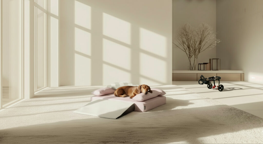 犬ベッドで静かに休むミニチュアダックスフンド