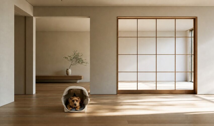 キャリー用ロイヤルベッドを敷いたキャリーの中で小型犬がくつろぐ様子