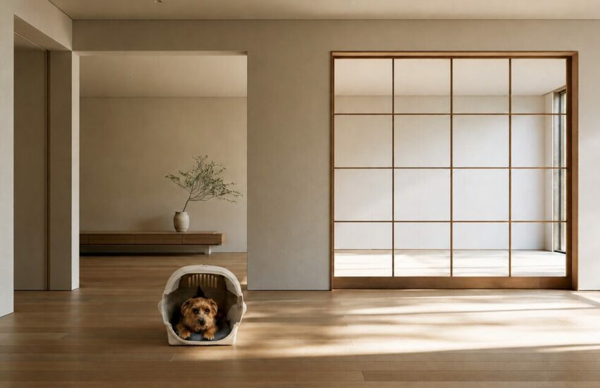 キャリー用ロイヤルベッドを敷いたキャリーの中で小型犬がくつろぐ様子