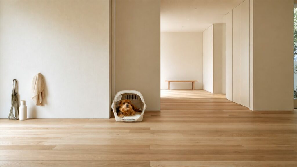 室内のキャリー用ロイヤルベッドを敷いたキャリーの中で小型犬が横になる様子
