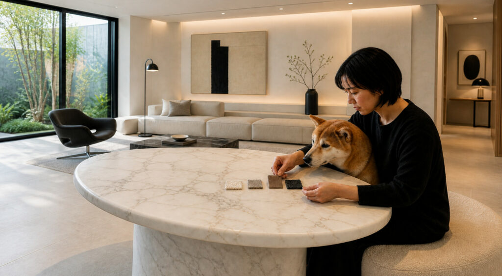 オーダーメイドで使用する生地サンプルを並べて愛犬と一緒に比較している様子