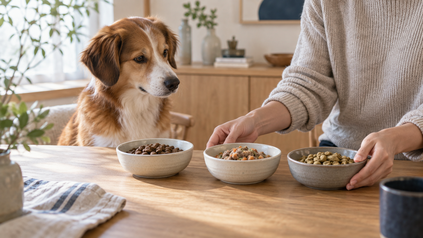 愛犬のそばで3種類のフードを比べながら選ぶ飼い主