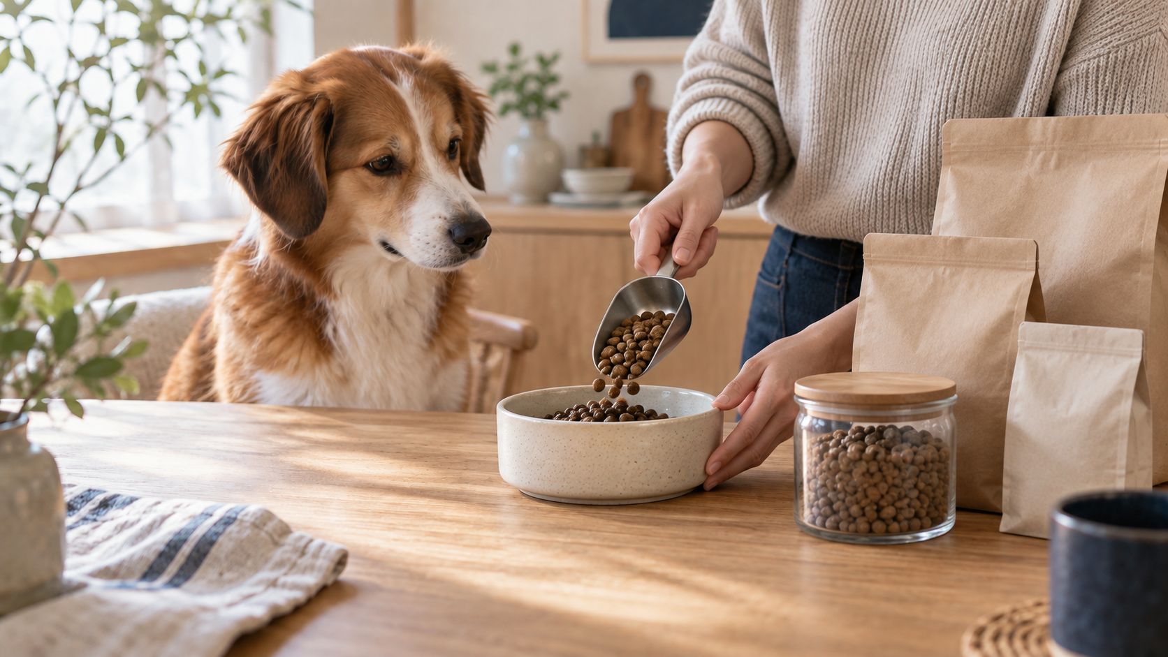 愛犬の1食分を量り、異なる容量のフード袋を並べる飼い主