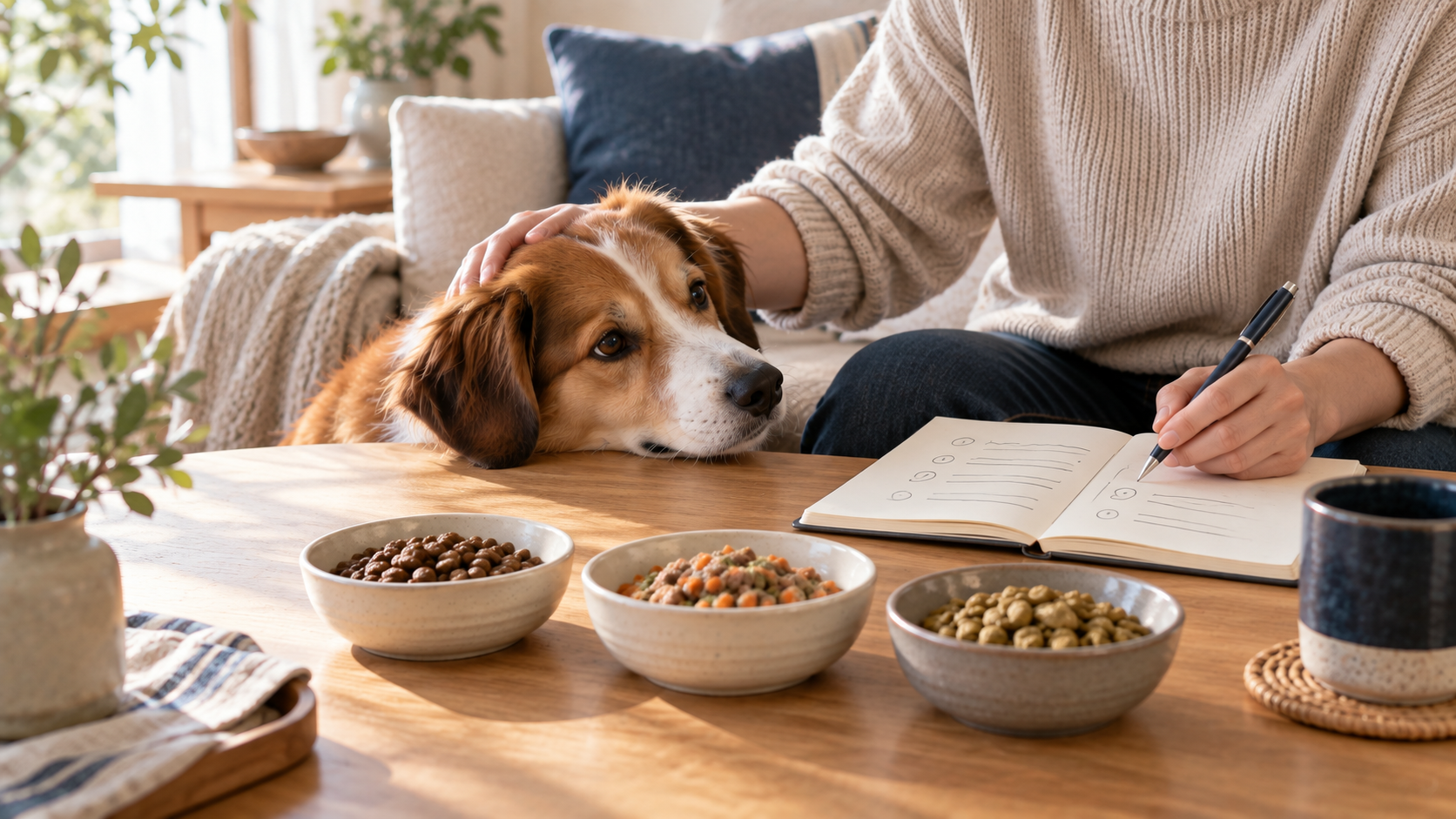 愛犬に寄り添いながら複数のフードを落ち着いて比較する飼い主