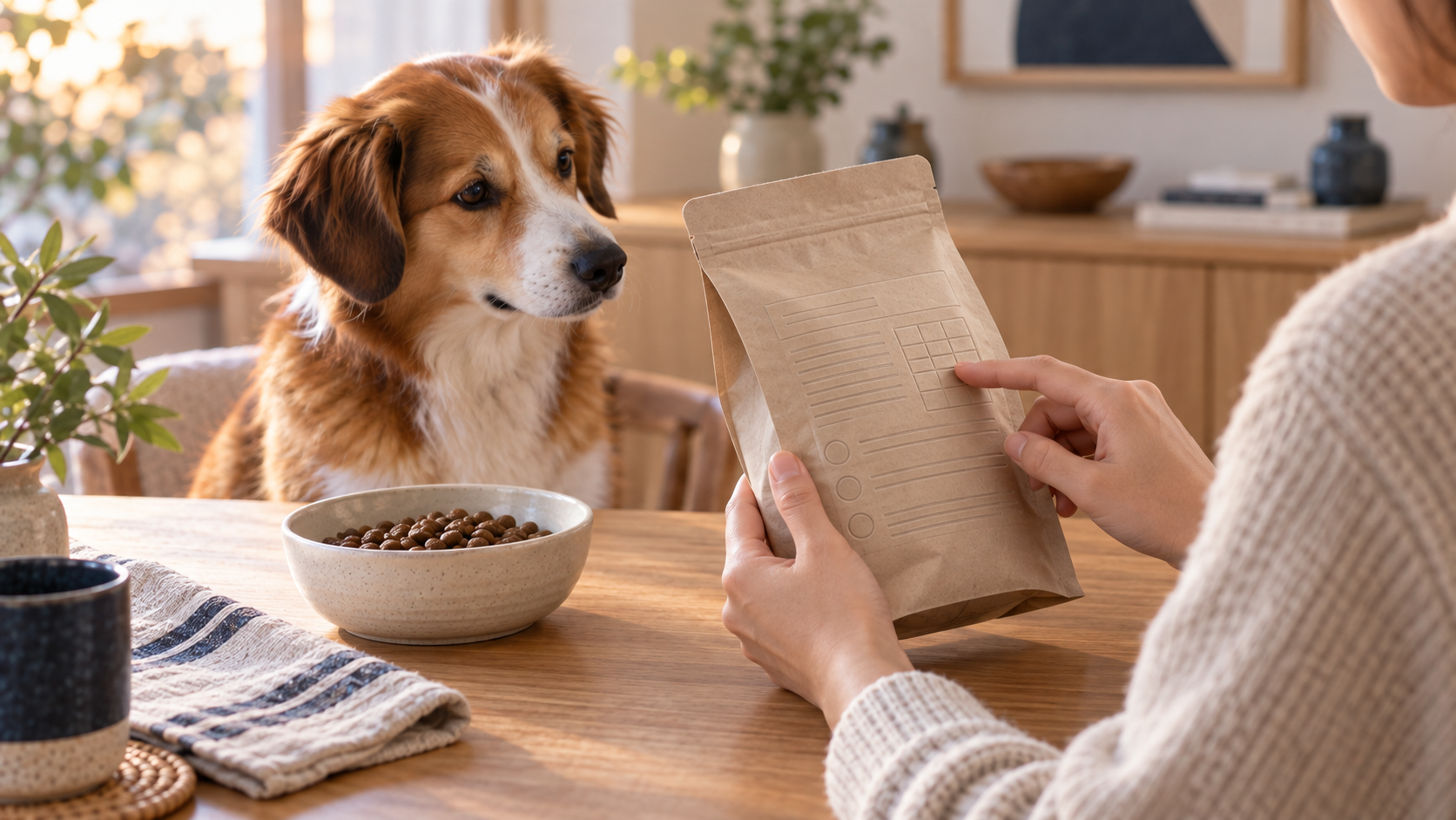 愛犬を前にフード袋の成分情報を確かめる飼い主